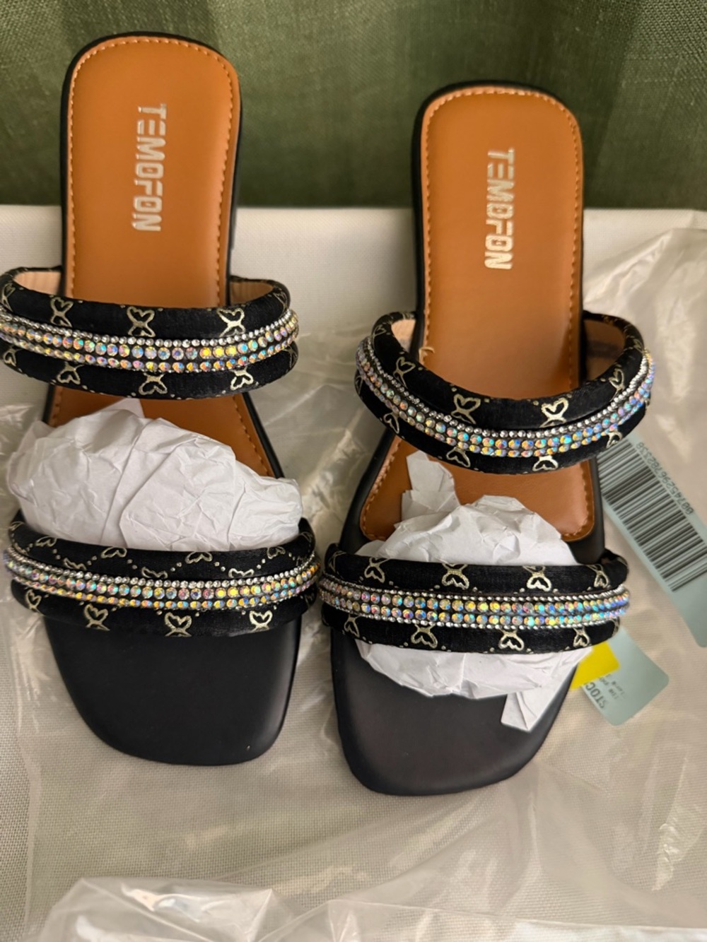 Black Rhinestone Double-Strap Slide Mules